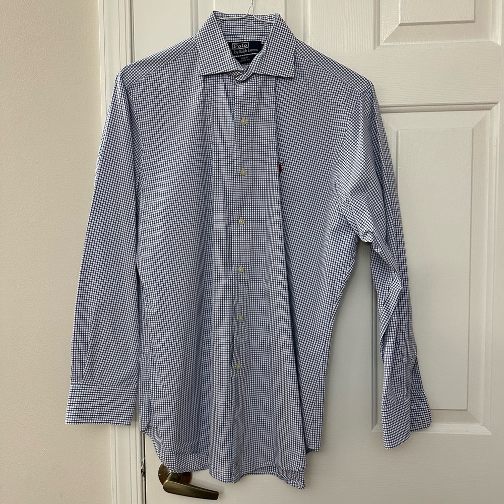 Polo Ralph Lauren Vintage Men's Blue and White Checkered Dress Shirt